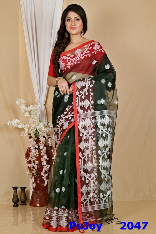 Bottle Green Cotton Monimal Muslin saree (2047)