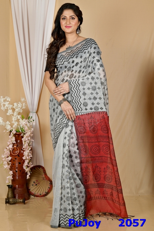 Marun Grey Pure Cotton Senak Printed Handloom Saree (2057)