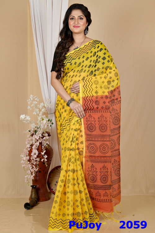 Yellow Brown Pure Cotton Senak Printed Handloom Saree (2059)