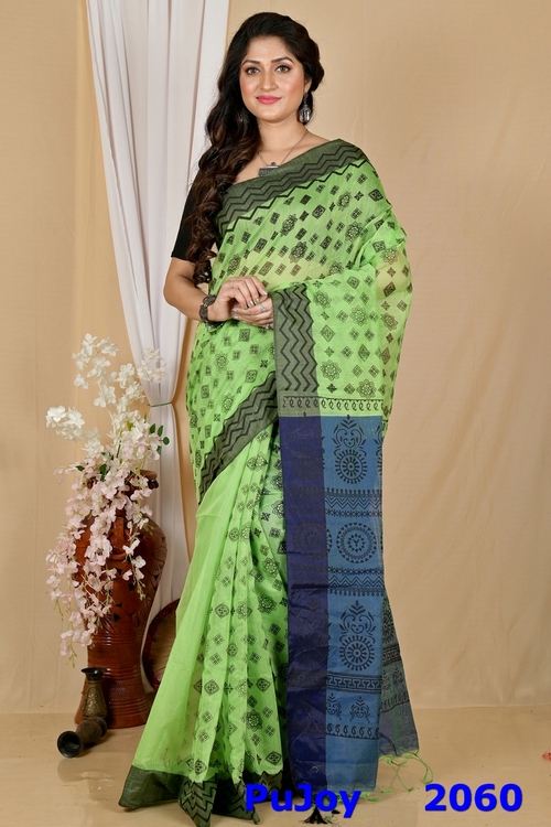 Green Pure Cotton Senak Printed Handloom Saree (2060)