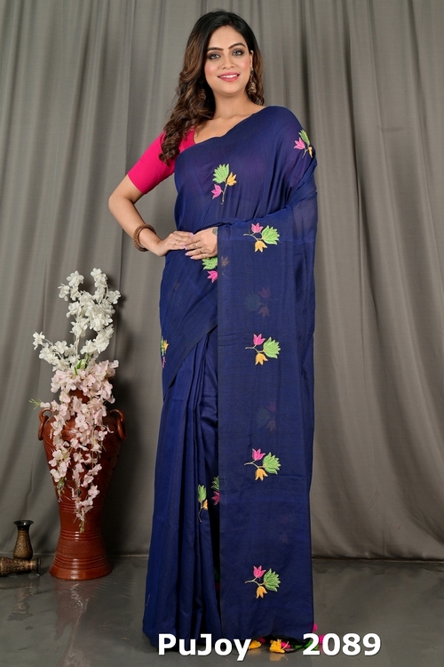 Naby Blue Pure Cotton Umkor Than Embroidery Handloom saree (2089)