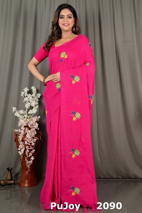 Pink Pure Cotton Umkor Than Embroidery Handloom saree (2090)