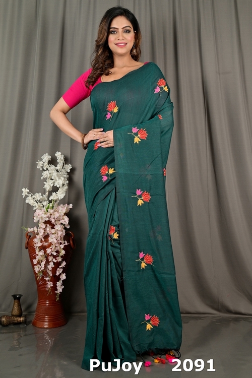 Dark Green Pure Cotton Umkor Than Embroidery Handloom saree (2091)