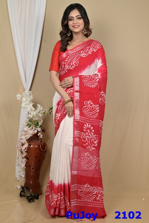 White Pink Pure Cotton Batikato Batik Print Saree (2102)