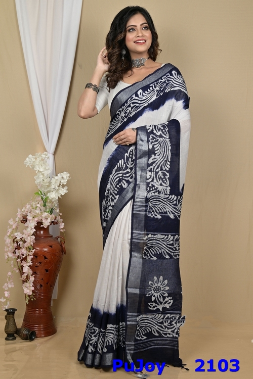 White Blue Pure Cotton Batikato Batik Print Saree (2103)
