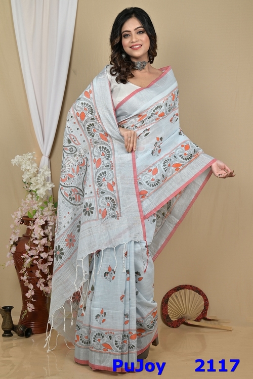 Off White Pure Cotton Hiral Printed Handloom Saree (2117)