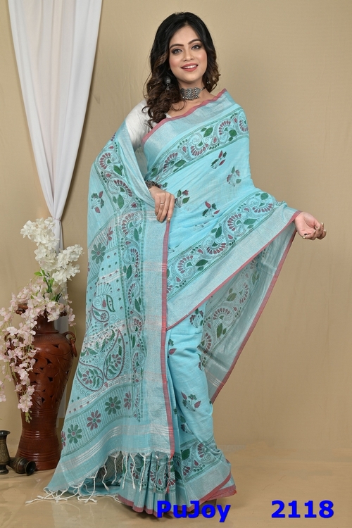 Sky Blue Pure Cotton Hiral Printed Handloom Saree (2118)