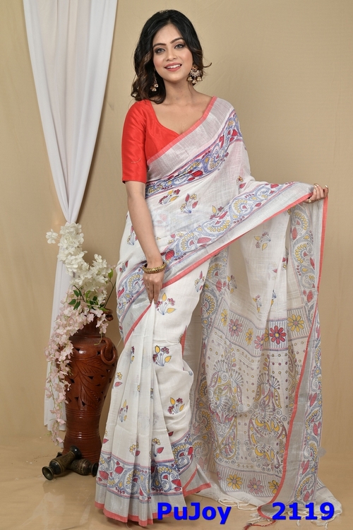 White Red Pure Cotton Hiral Printed Handloom Saree (2119)