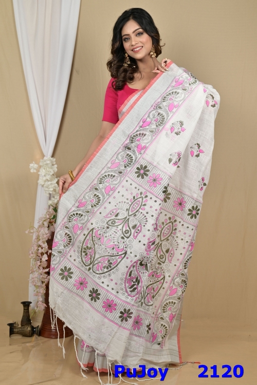 White Pink Pure Cotton Hiral Printed Handloom Saree (2120)