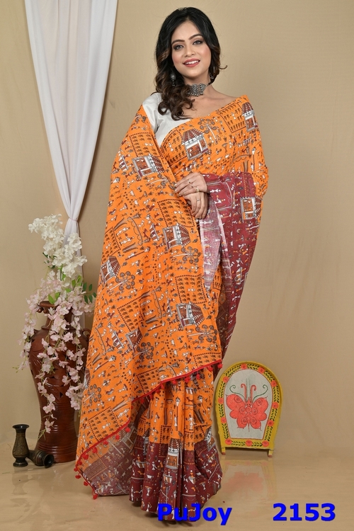 Yellow Brown Pure Cotton Giana Kalamkari Printed Saree (2153)