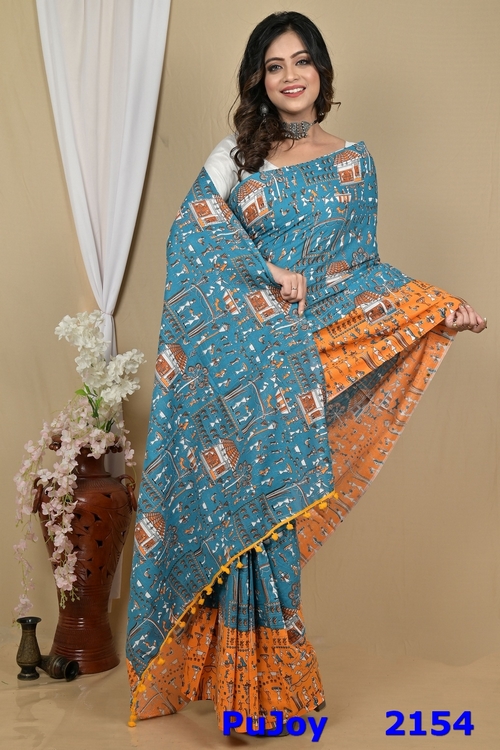 Blue Yellow Pure Cotton Giana Kalamkari Printed Saree (2154)