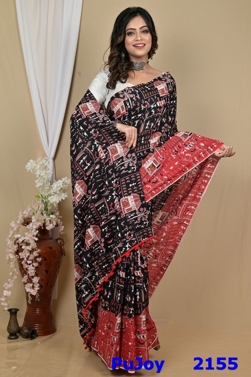 Black Red Pure Cotton Giana Kalamkari Printed Saree (2155)