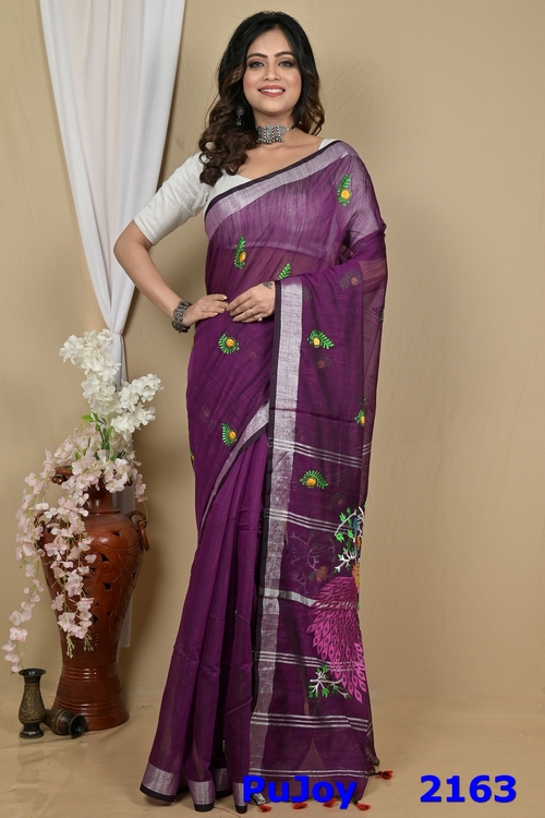 Purple Blended Cotton Gijaa Embroidery Handloom saree (2163)