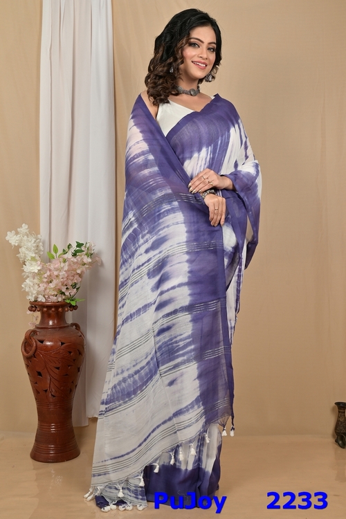 Lavender White Pure Cotton Achmol Badhni Dye Saree (2233)