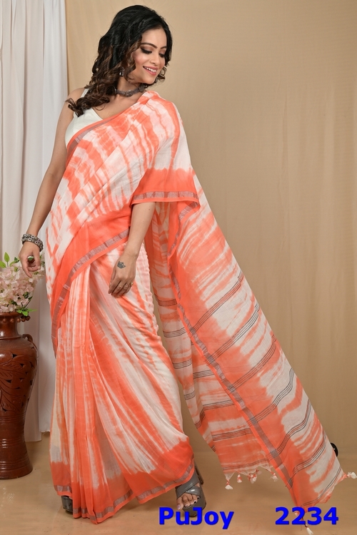 Orange White Pure Cotton Achmol Badhni Dye Saree (2234)