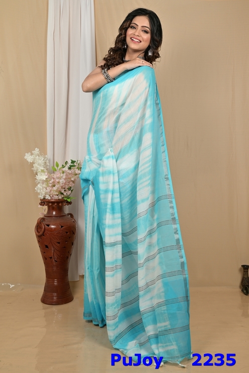 Sky White Pure Cotton Achmol Badhni Dye Saree (2235)
