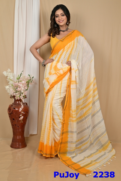 Yellow White Pure Cotton Achmol Badhni Dye Saree (2238)
