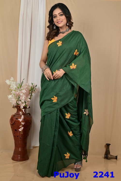 Dark Green Pure Cotton Achrun Embroidery Handloom saree (2241)