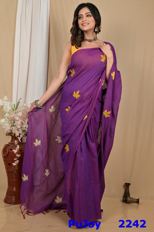 Dark Purpel Pure Cotton Achrun Embroidery Handloom saree (2242)