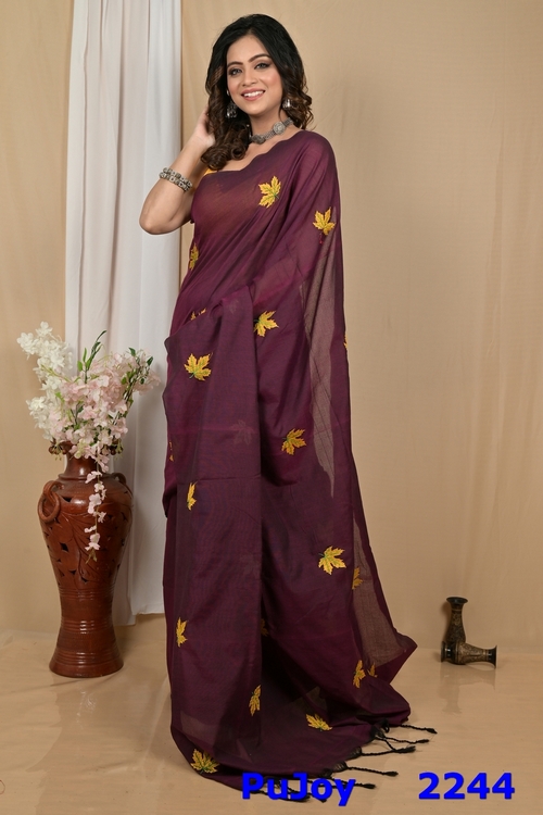 Dark Brown Pure Cotton Achrun Embroidery Handloom saree (2244)