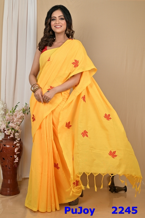 Yellow Pure Cotton Achrun Embroidery Handloom saree (2245)