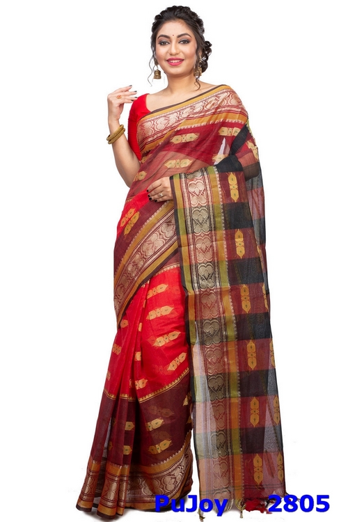 Red Pure Cotton Raj Nandi Desigine Tant Saree (2805)
