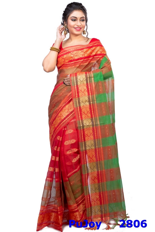 Red Green Pure Cotton Raj Nandi Desigine Tant Saree (2806)