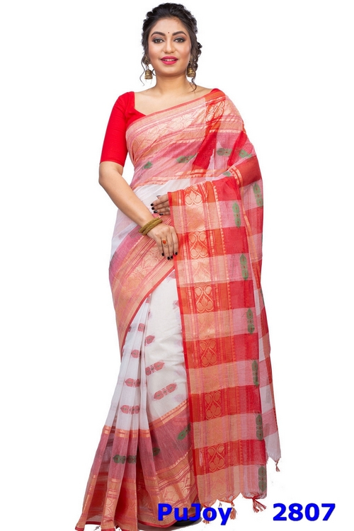White Red Pure Cotton Raj Nandi Desigine Tant Saree (2807)