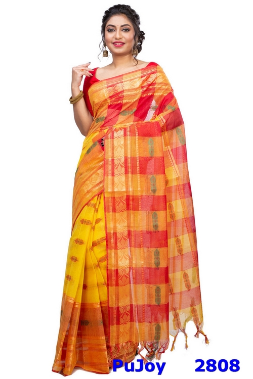 Yellow Red Pure Cotton Raj Nandi Desigine Tant Saree (2808)