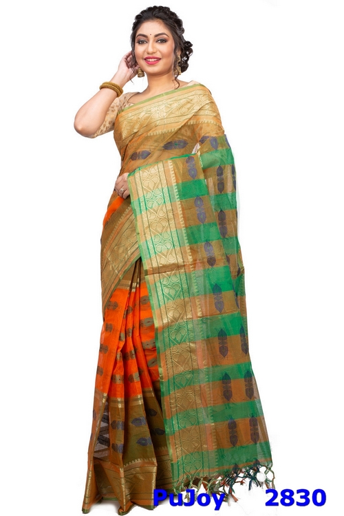 Orange Green Pure Cotton Raj Nandi Desigine Tant Saree (2830)