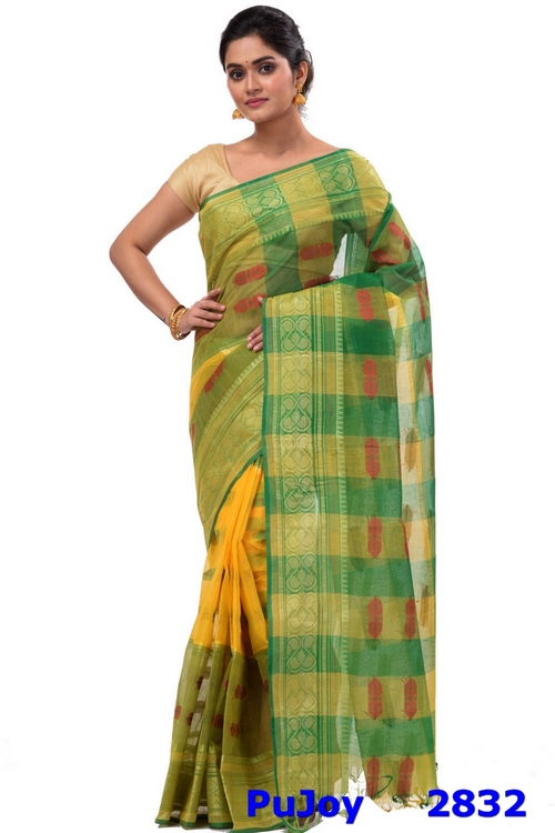 Yellow Green Pure Cotton Raj Nandi Desigine Tant Saree (2832)
