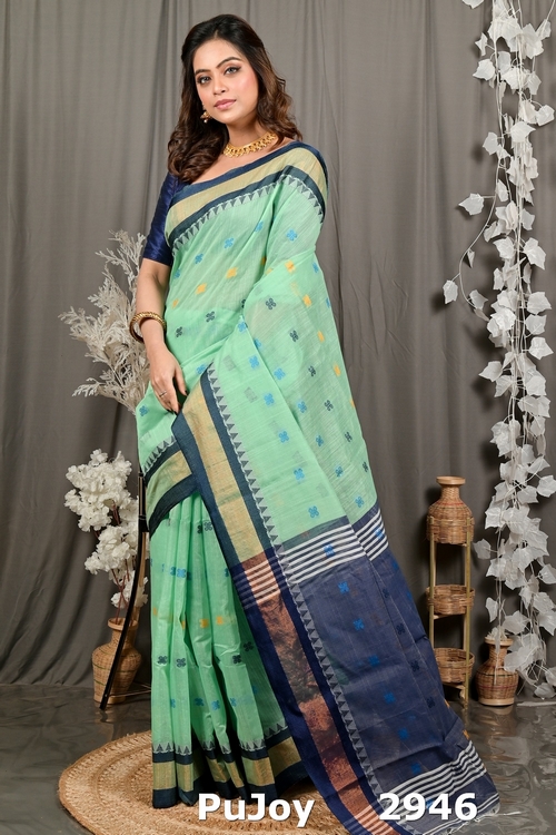 See Green Blue. Pure Cotton Debasi Hand Loom Saree (2946)