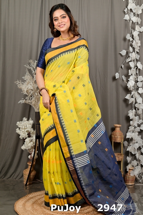 Yellow Blue Pure Cotton Debasi Hand Loom Saree (2947)