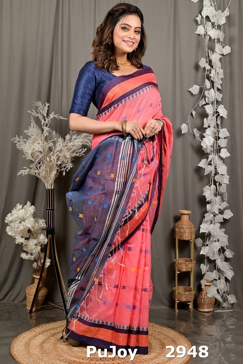 Rani Pink Blue Pure Cotton Debasi Hand Loom Saree (2948)