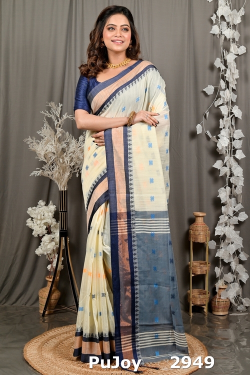 Off White Blue Pure Cotton Debasi Hand Loom Saree (2949)