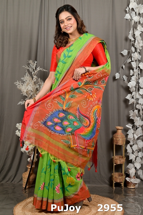 Green Red Cotton Blend Deepsi Hand Painted Saree (2955)