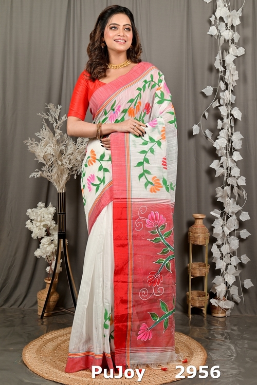 White Red Cotton Blend Deepsi Hand Painted Saree (2956)