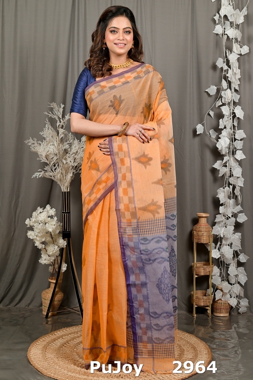 Light Orange Pure Cotton Devai Tant Saree Print (2964)