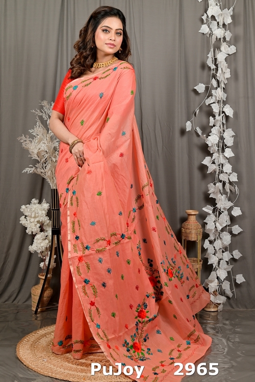 Peach Pure Cotton Devui Kantha Stitch Saree (2965)