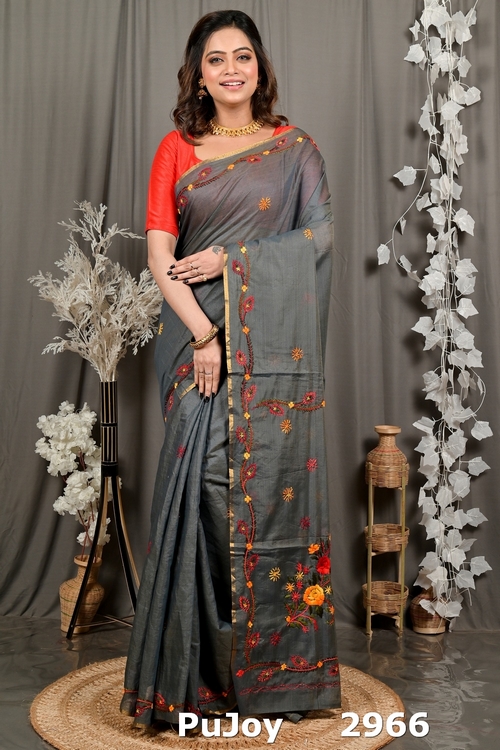 Dark Grey Pure Cotton Devui Kantha Stitch Saree (2966)