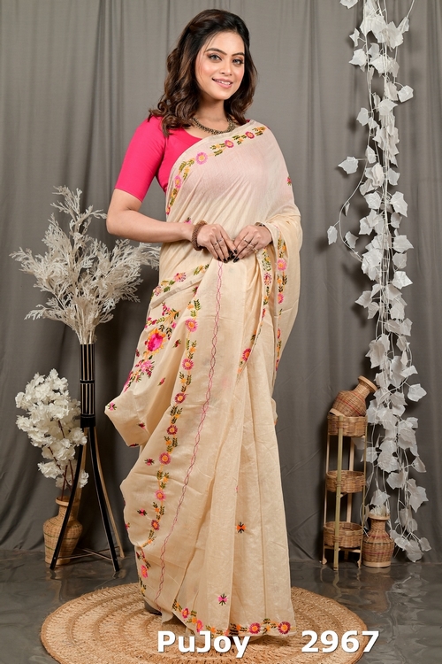 Cream Pure Cotton Devui Kantha Stitch Saree (2967)