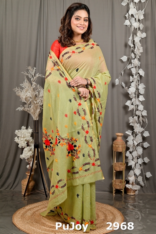 Lime Green Pure Cotton Devui Kantha Stitch Saree (2968)