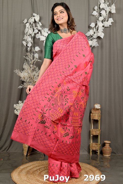 Dark Pink Cotton Blend Dharai Kantha Stitch Saree (2969)