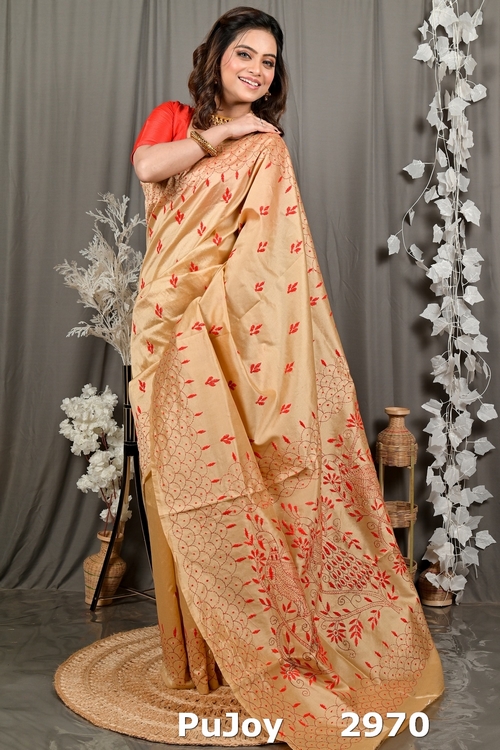 Golden Brown Cotton Blend Dharai Kantha Stitch Saree (2970)