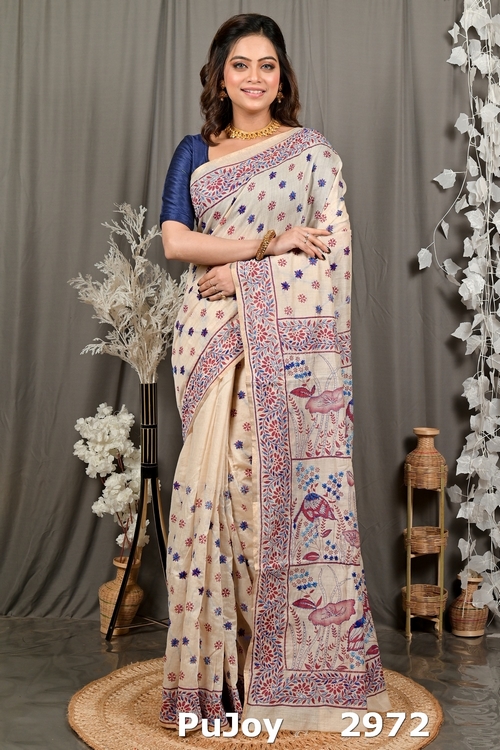 Off White Multy Color Pure Cotton Dhriti Kantha Stitch Saree (2972)