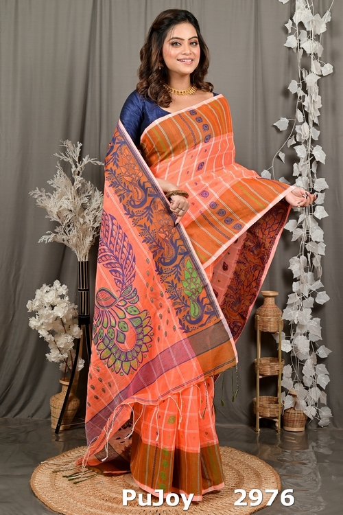 Orange Pure Cotton Dhrubi Jamdani Saree (2976)