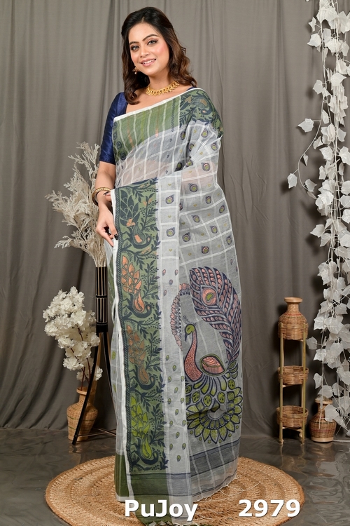 Grey Green Pure Cotton Dhrubi Jamdani Saree (2979)