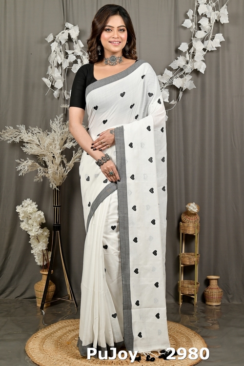 White Brown Pure Cotton Dhrli Embroidery Handloom saree (2980)
