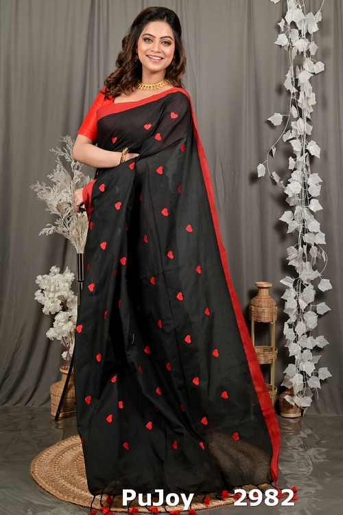 Black Red Pure Cotton Dhrli Embroidery Handloom saree (2982)