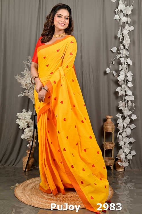 Yellow Pure Cotton Dhrli Embroidery Handloom saree (2983)